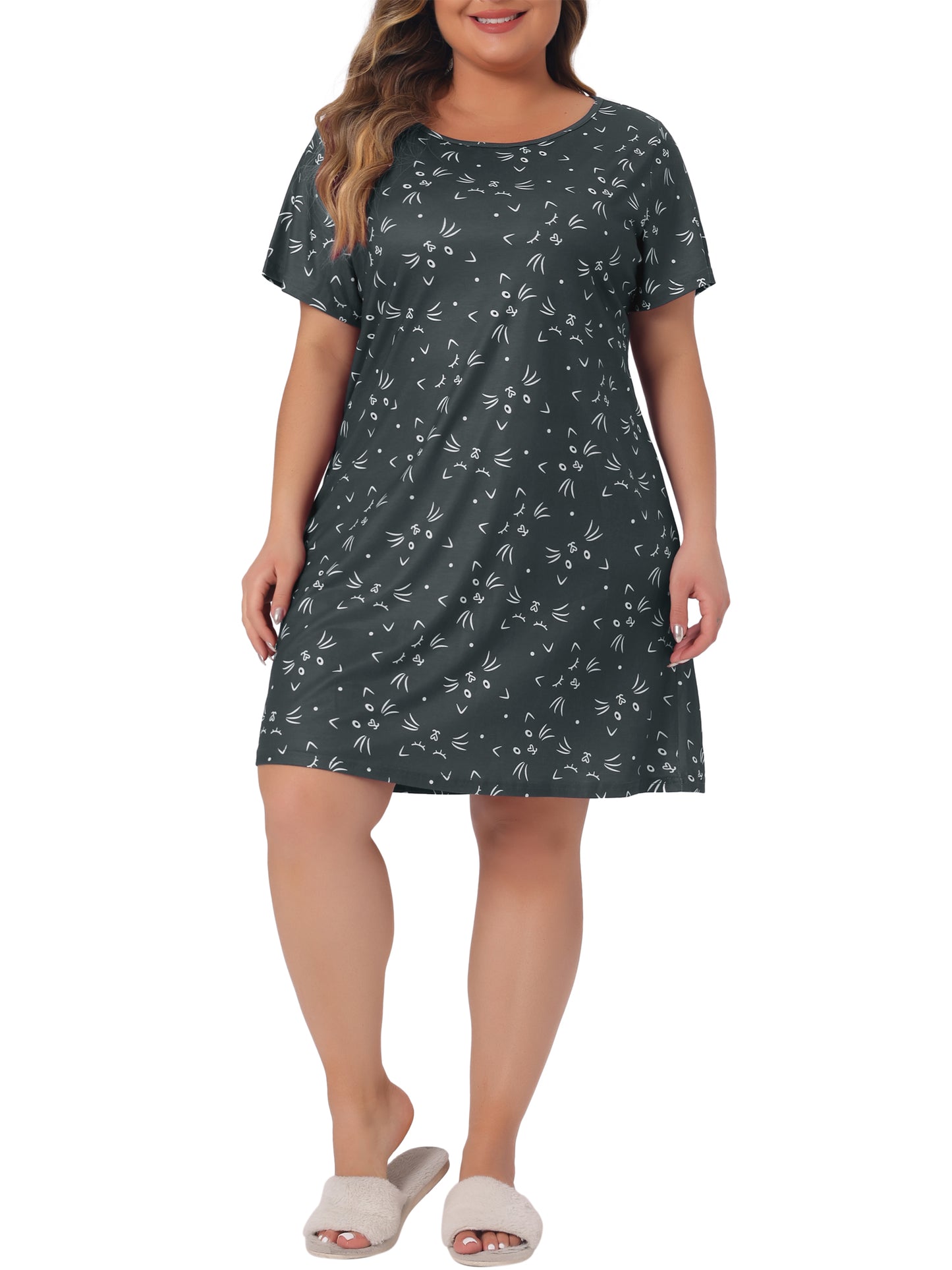 Camisón de talla grande para mujer, pijama con cuello redondo y estampado de gato
