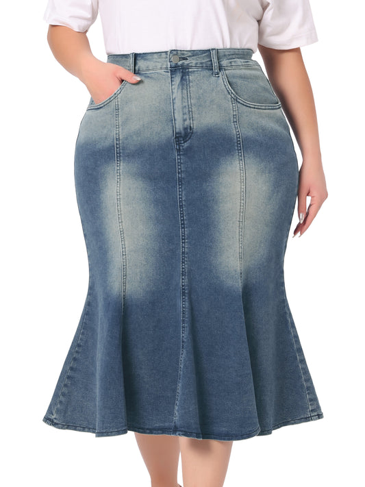 Women Plus Size Denim Skirts Fishtail Bodycon Elegant High Waist Mermaid Denim Midi Jean Skirt
