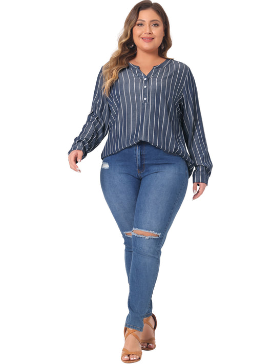 Women Plus Size Long Sleeve Button Down Shirt Top
