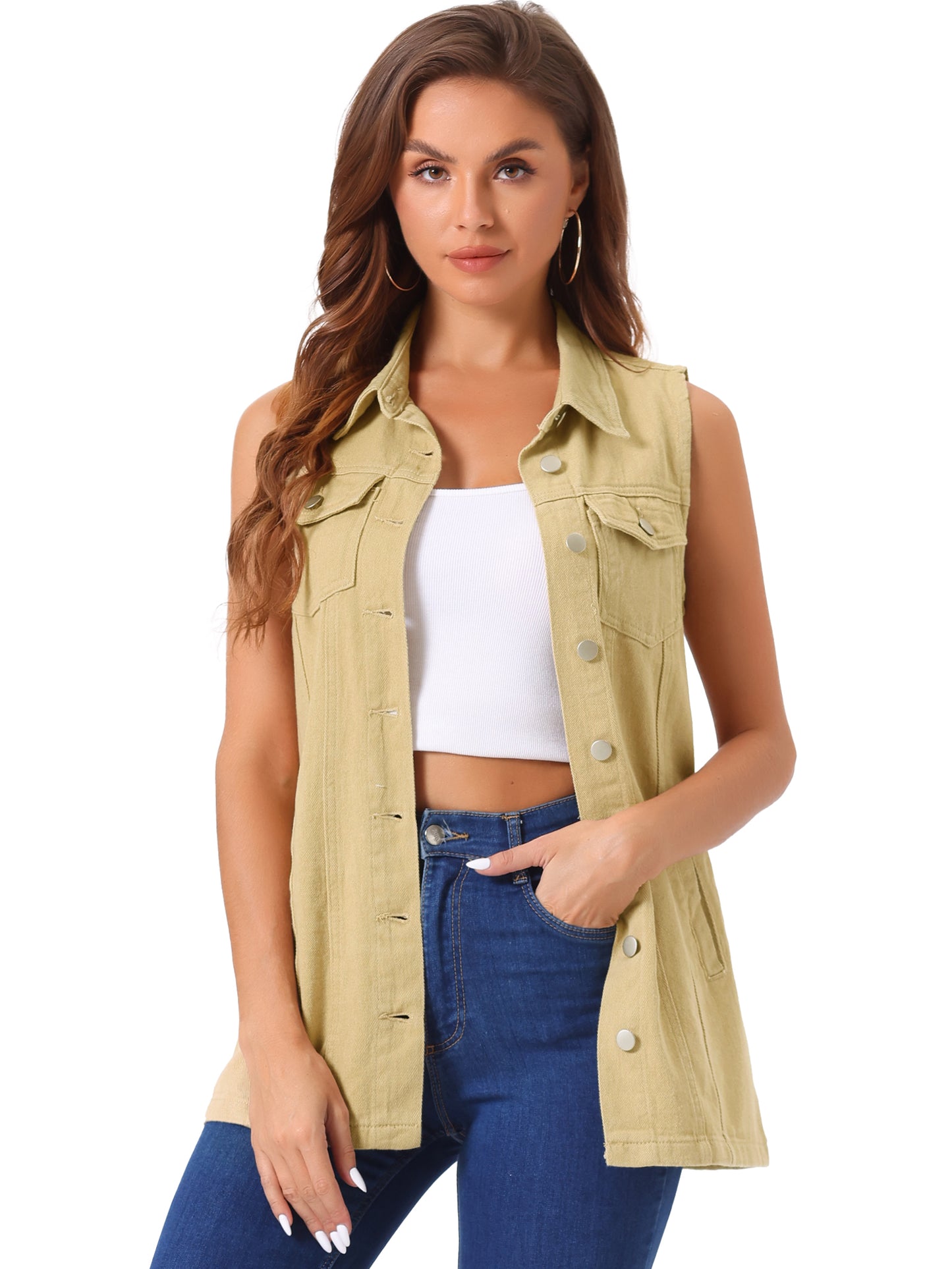 Women's Sleeveless Button Down Waistcoat Casual Long Denim Vest (Available in Plus Size)