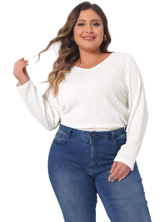 Women Plus Size Top V Neck Long Sleeve Basic Knit Pullover Tee T-Shirt