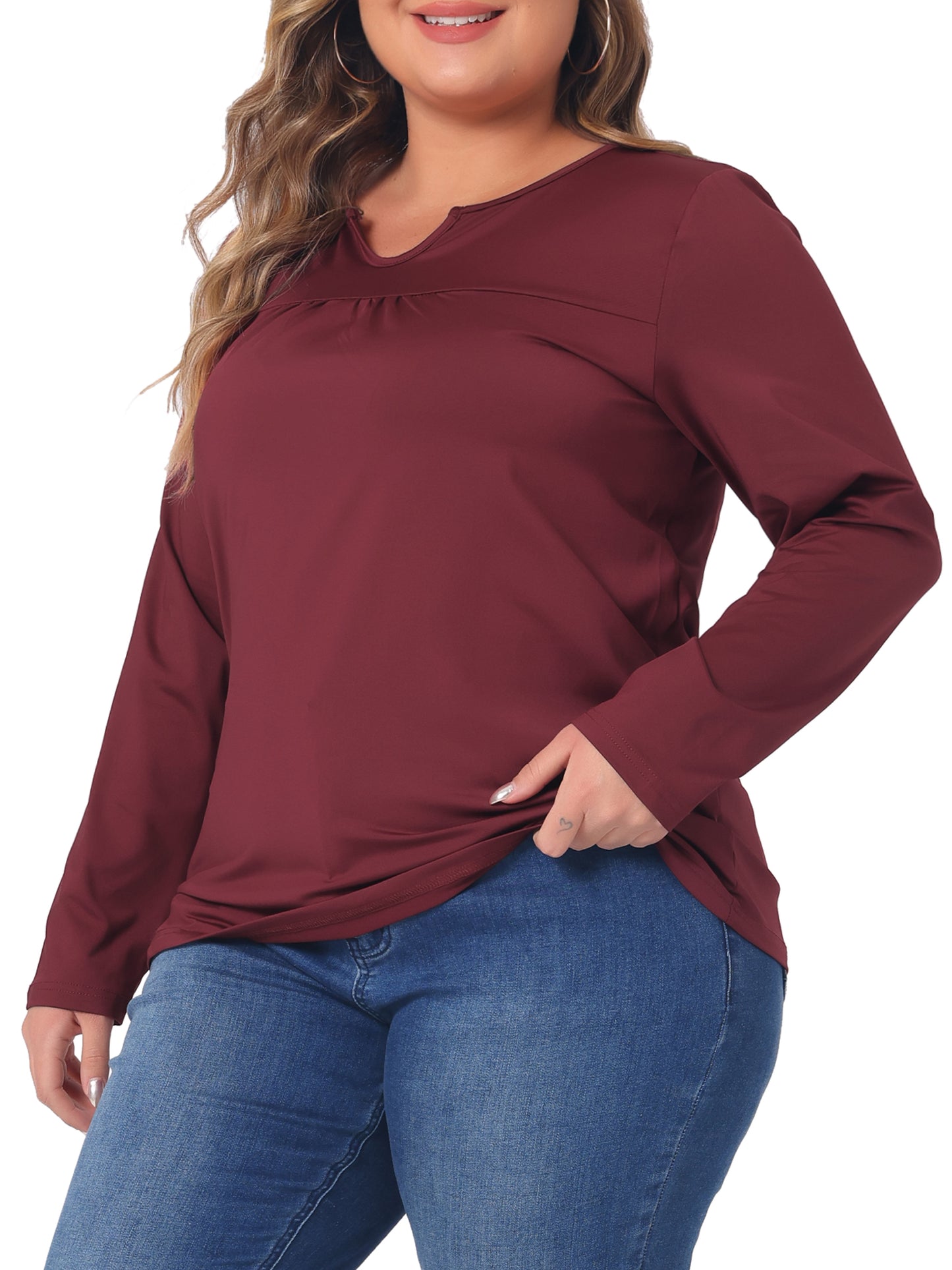 Women Plus Size Long Sleeve T-Shirts Notched Neck Loose Casual Top