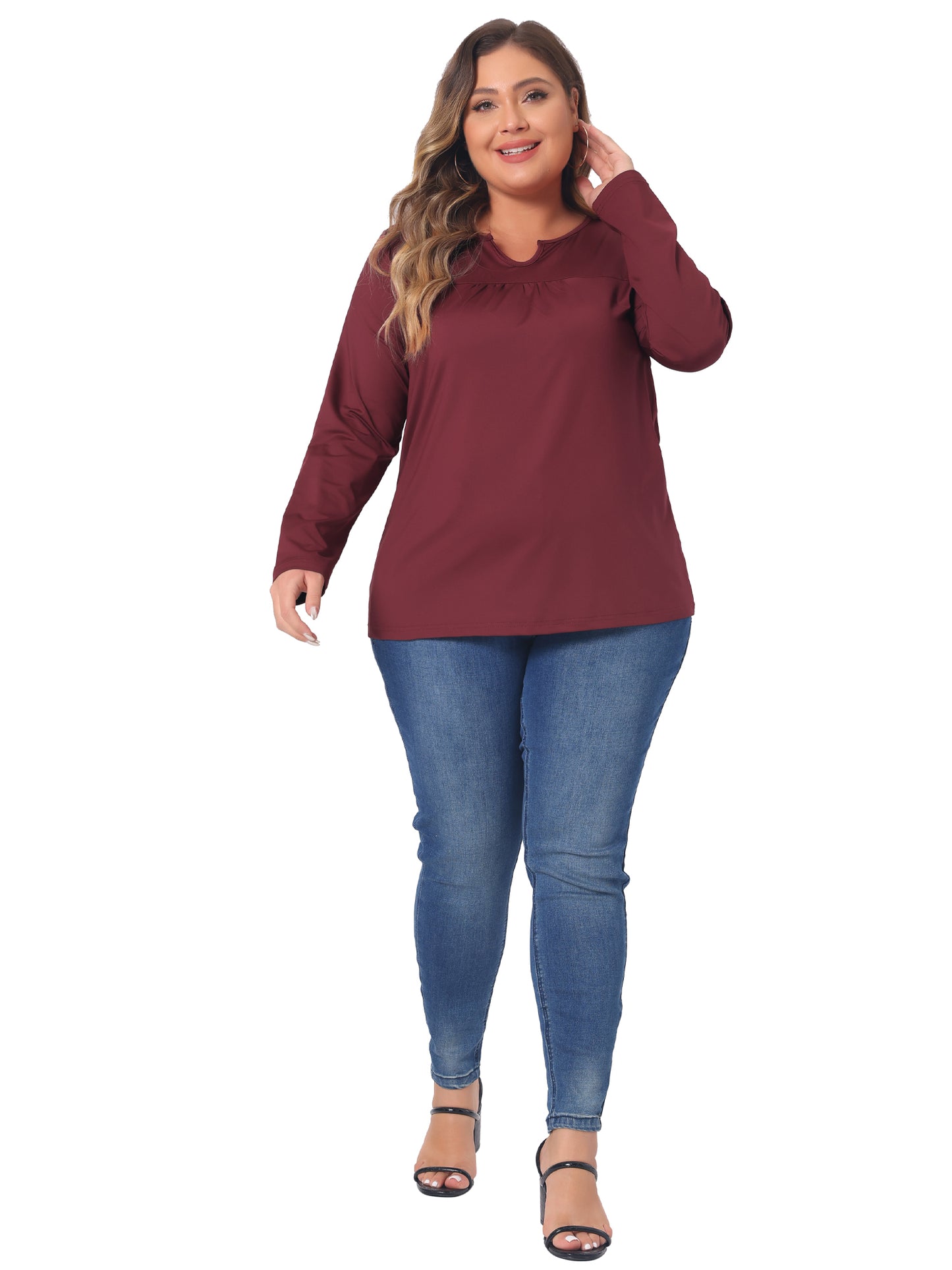 Women Plus Size Long Sleeve T-Shirts Notched Neck Loose Casual Top