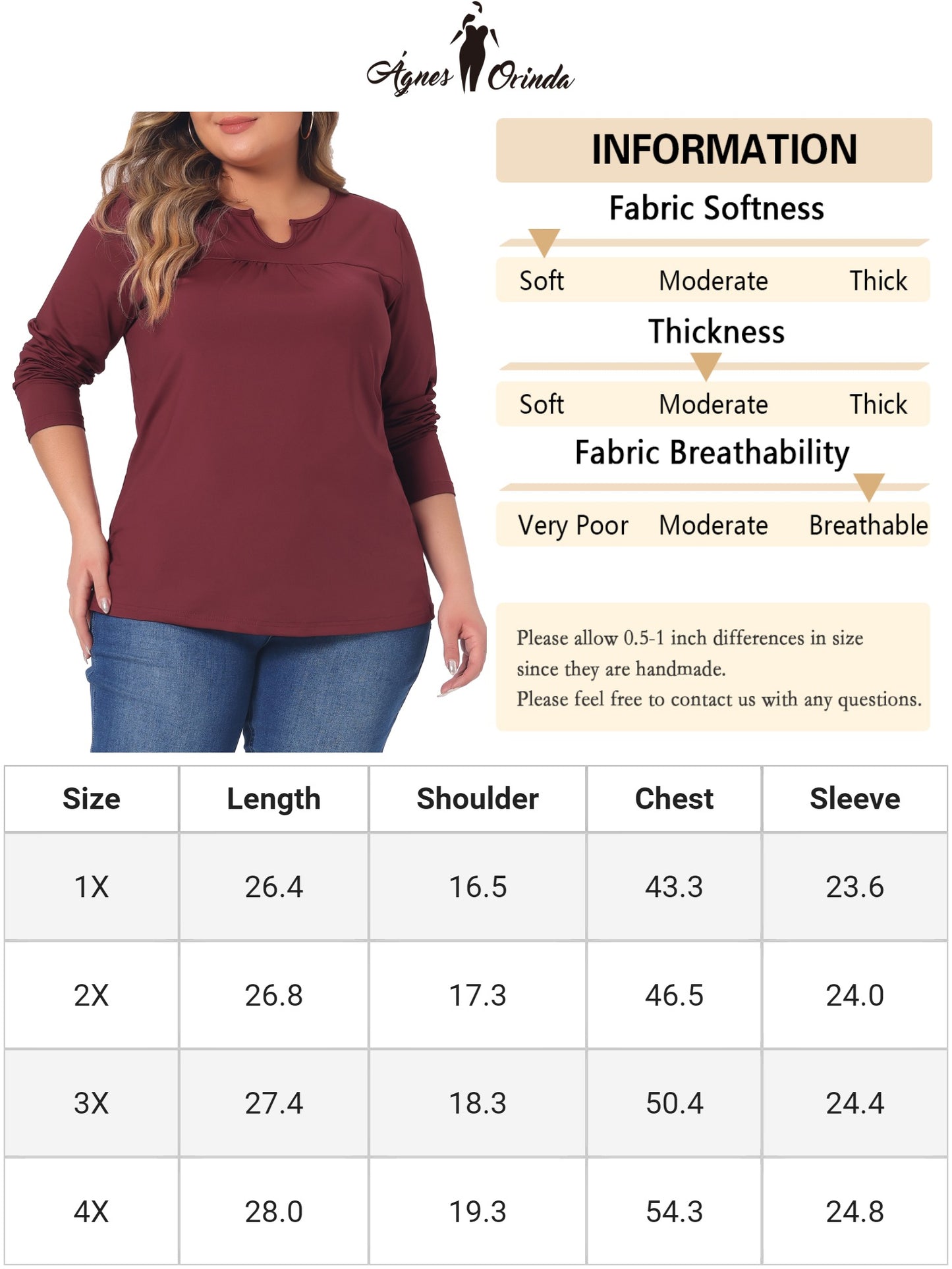 Women Plus Size Long Sleeve T-Shirts Notched Neck Loose Casual Top