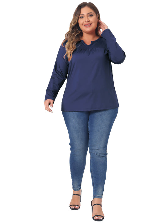 Women Plus Size Long Sleeve T-Shirts Notched Neck Loose Casual Top