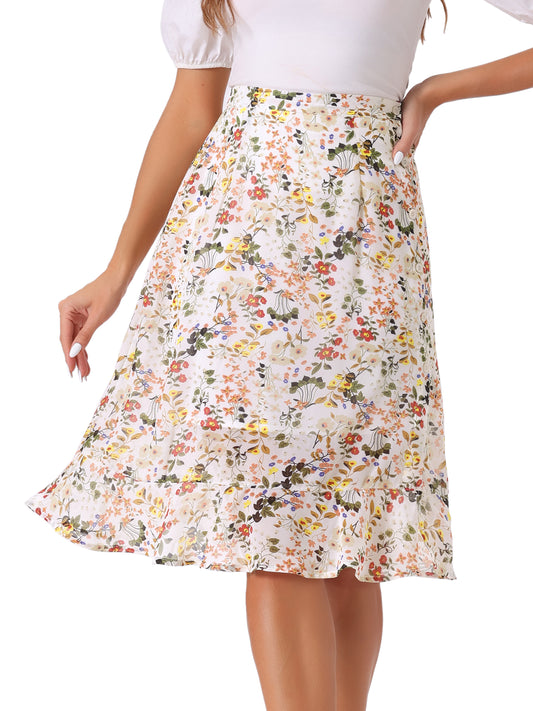 Women's Floral Midi Skirts Summer Ruffle High Waist Flowy A-Line Split Knee Length Skirt (Available in Plus Size)