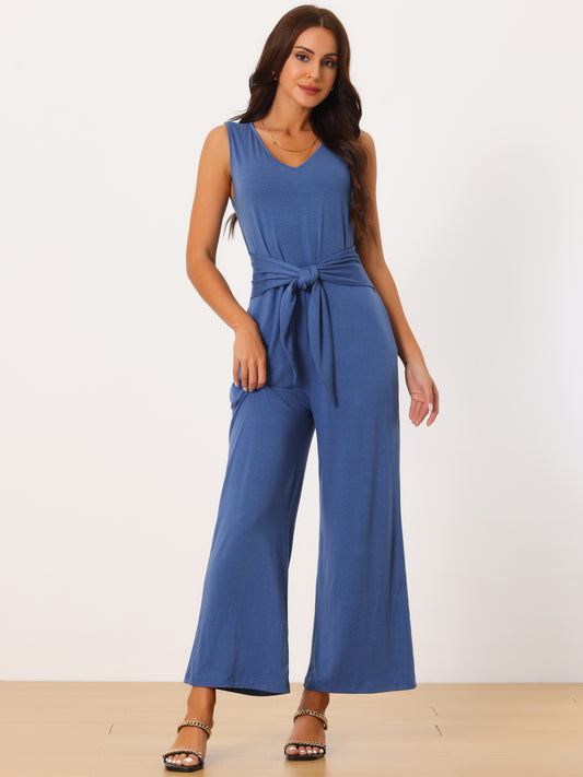 Women's V Neck Sleeveless Jumpsuits Belted High Waist Stretchy Wide Leg Casual Jumpsuit with Pockets
