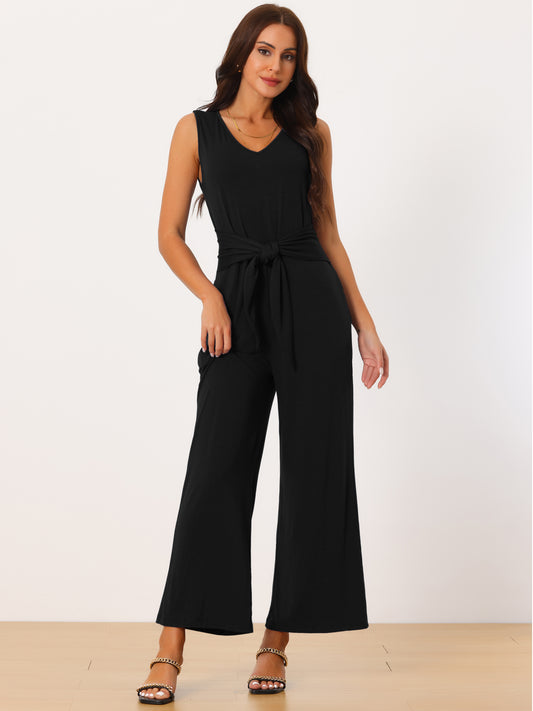 Women's V Neck Sleeveless Jumpsuits Belted High Waist Stretchy Wide Leg Casual Jumpsuit with Pockets