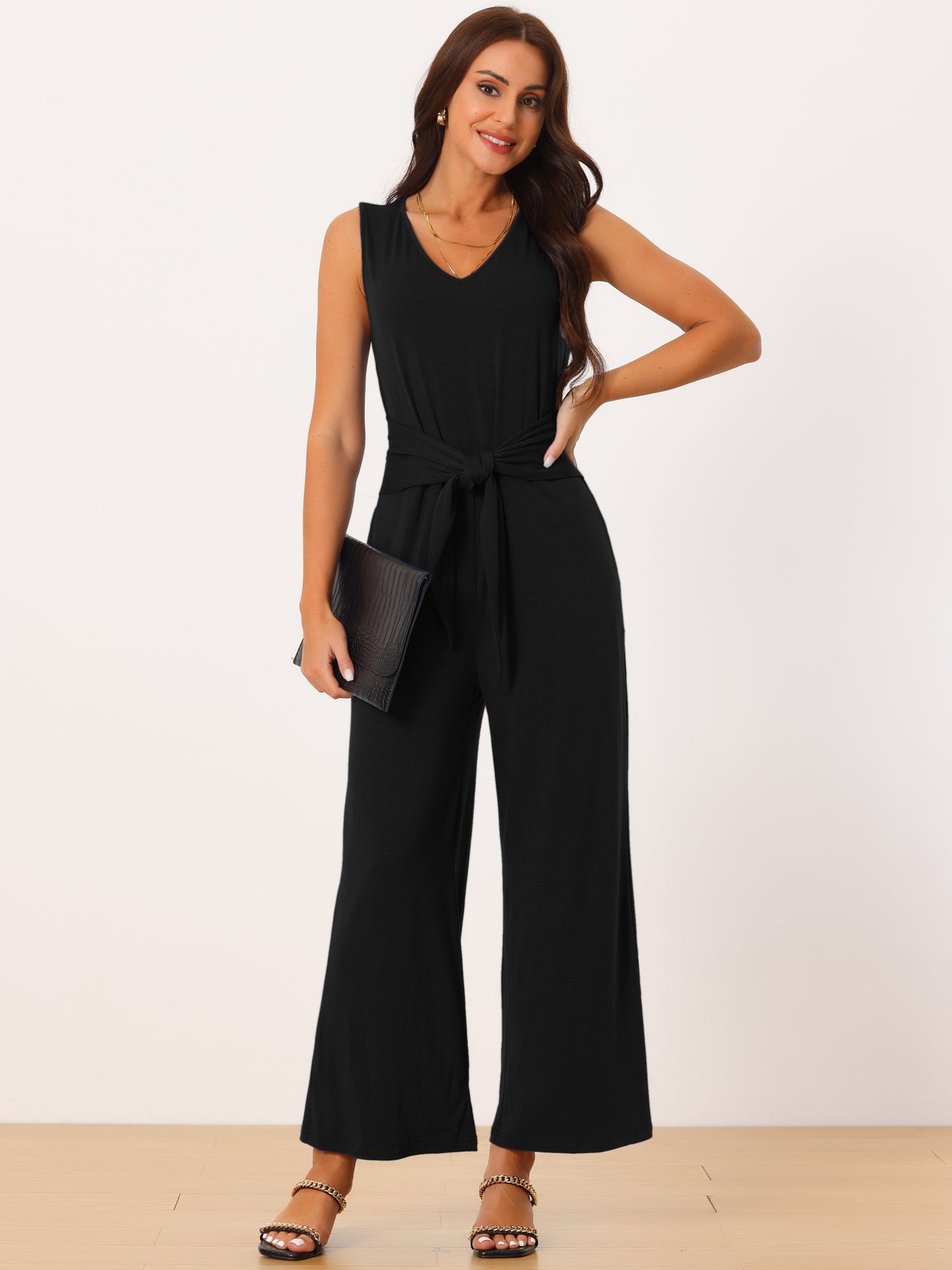 Women's V Neck Sleeveless Jumpsuits Belted High Waist Stretchy Wide Leg Casual Jumpsuit with Pockets