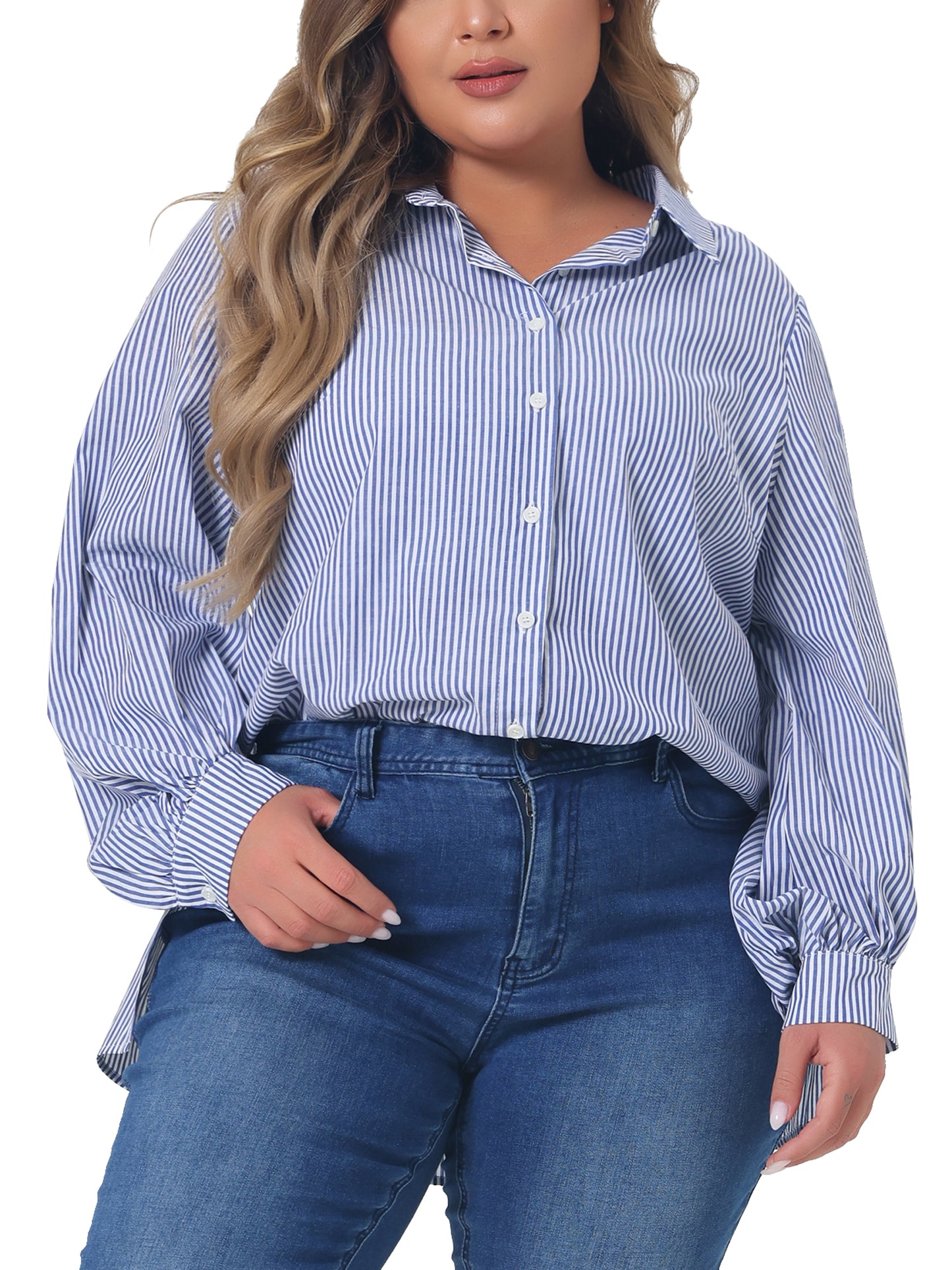 Women Plus Size Shirts Button Down Collared Long Sleeve Classic Office Work Striped Top
