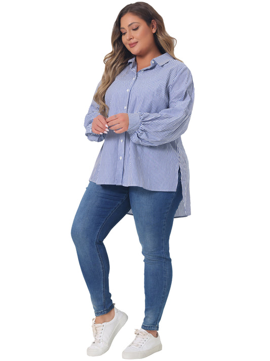 Women Plus Size Shirts Button Down Collared Long Sleeve Classic Office Work Striped Top