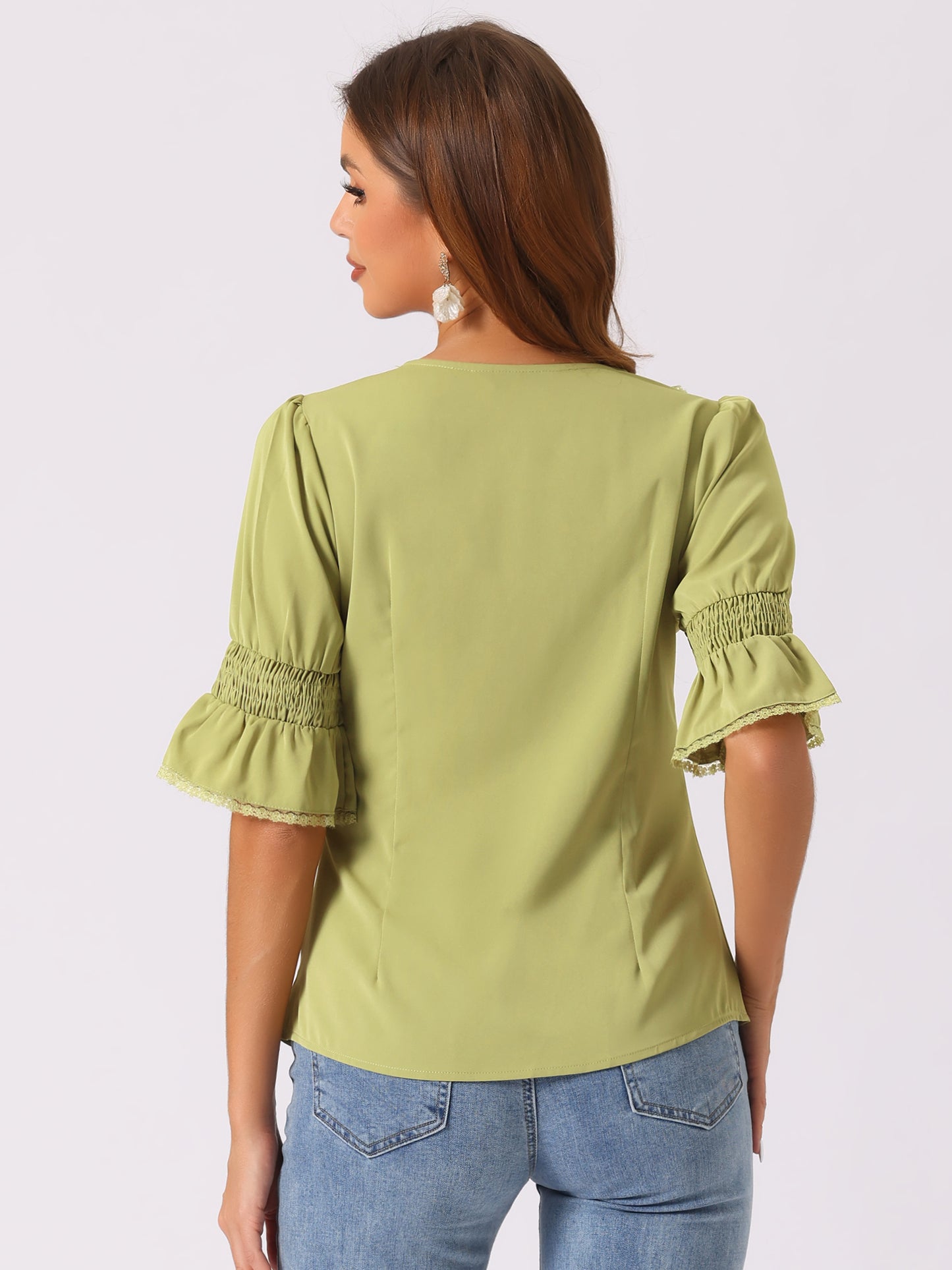 Women's Ruffle V Neck Puff Sleeve Blouse Summer Casual Chiffon Top