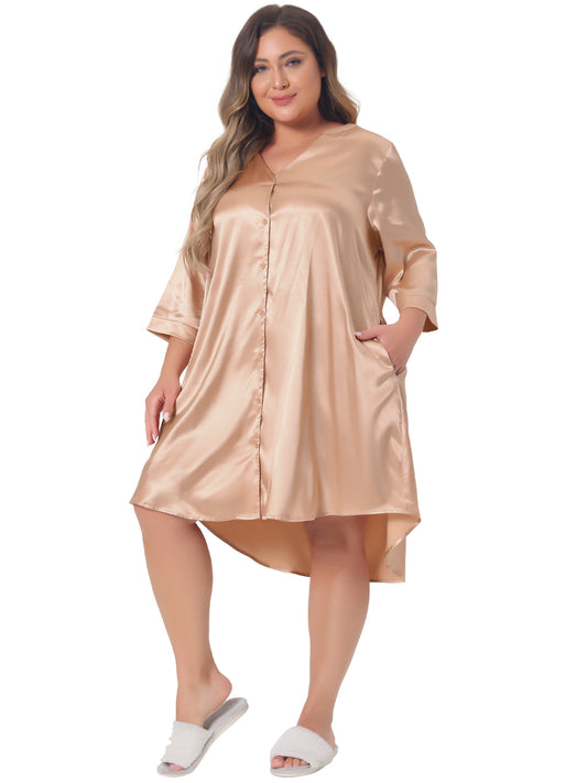 Women Plus Size Nightshirt Satin Button Down 3/4 Sleeve with Pockets Nightgown