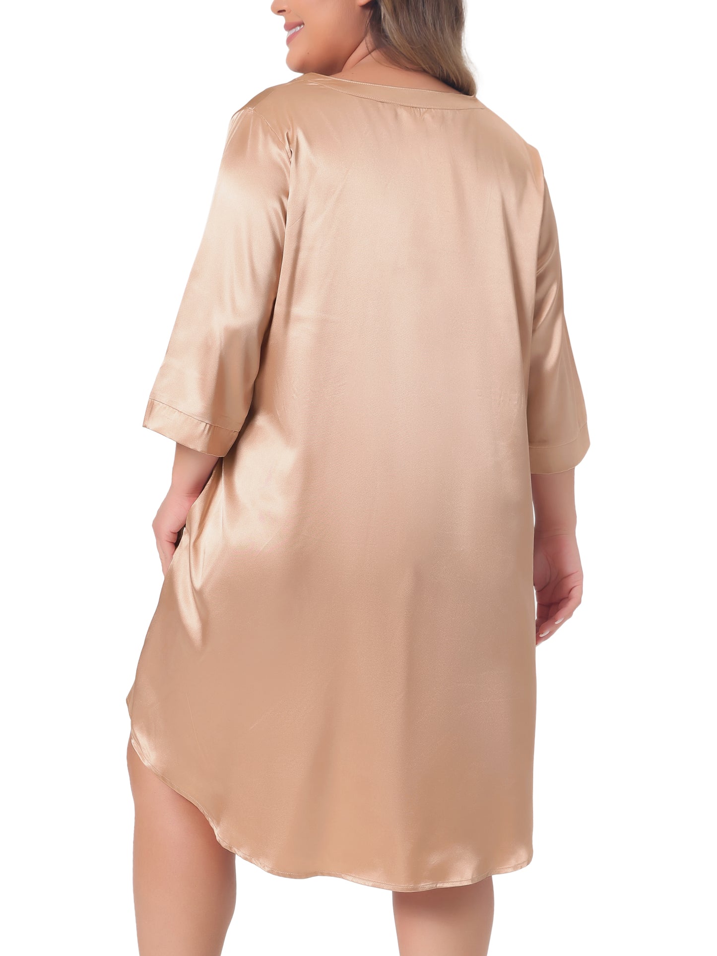 Women Plus Size Nightshirt Satin Button Down 3/4 Sleeve with Pockets Nightgown