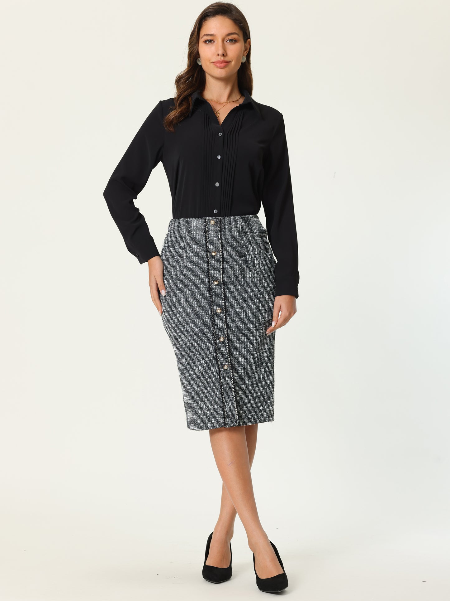 Women's Knee Length Skirt Elegant Tweed Pencil Skirt