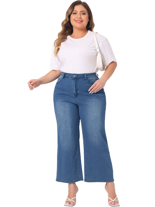Women Plus Size Jeans Stretchy Washed Button Wide Leg Jeans Palazzo Pants