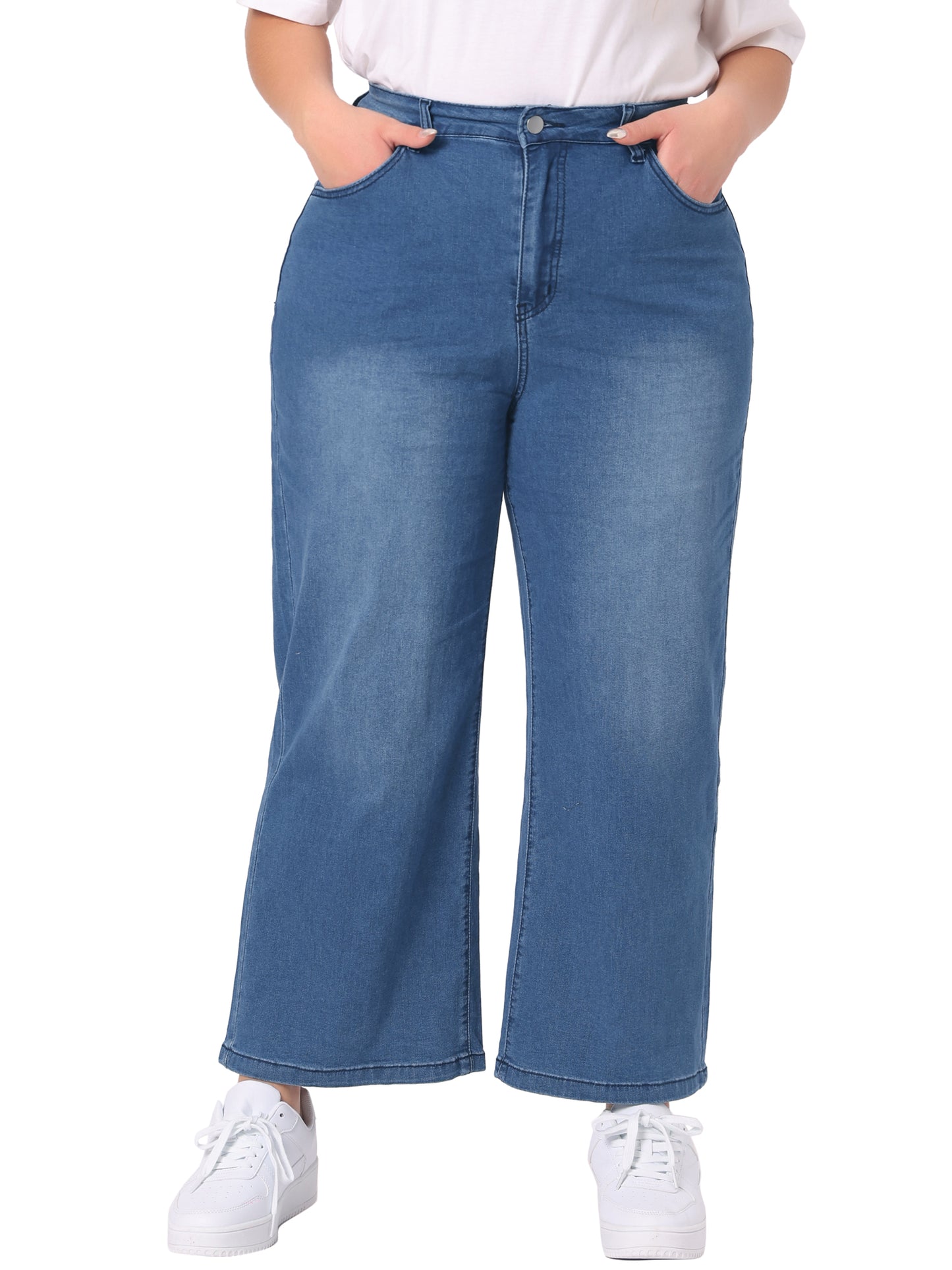 Women Plus Size Jeans Stretchy Washed Button Wide Leg Jeans Palazzo Pants