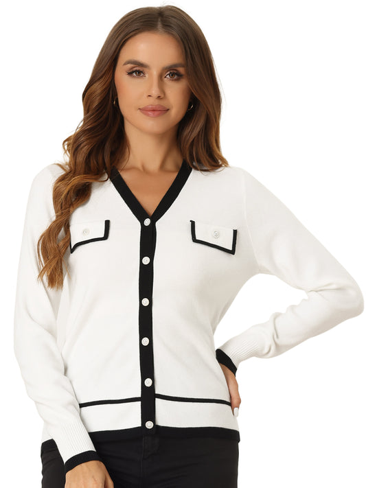 Cárdigan de punto con botones para mujer, cuello en V, manga larga y contraste de colores