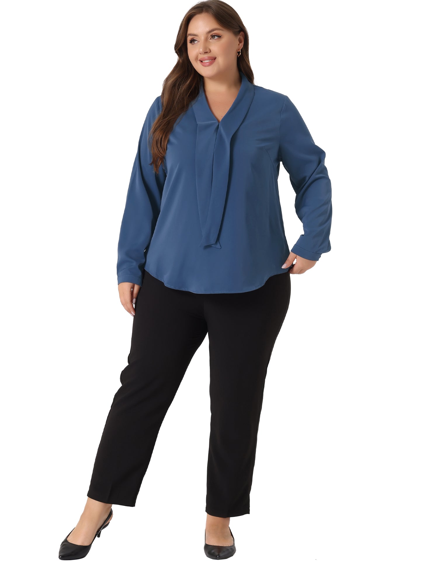 Women Plus Size Work Tops Elegant Long Sleeve Tie V Neck Chiffon Office Blouse