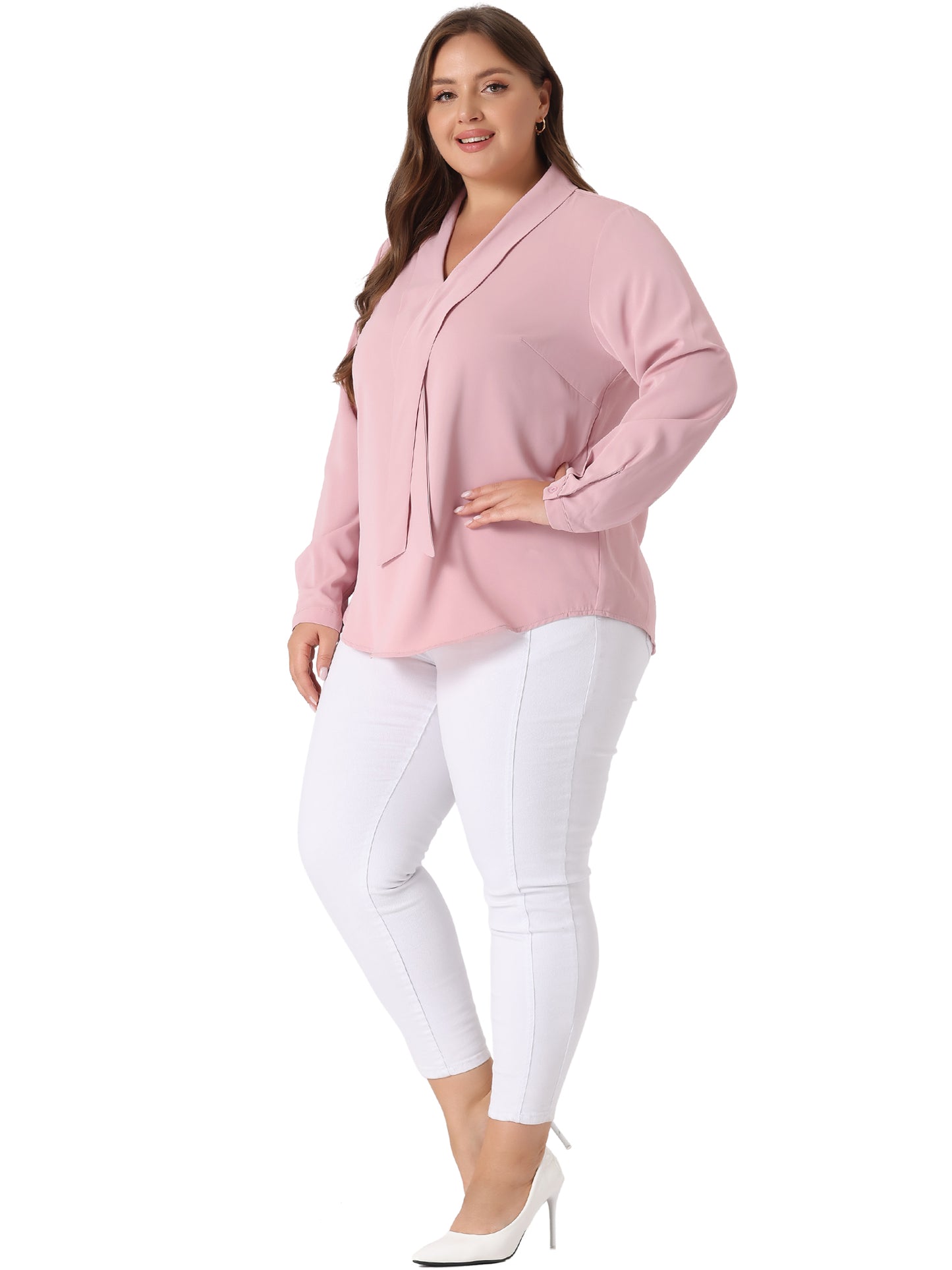 Women Plus Size Work Tops Elegant Long Sleeve Tie V Neck Chiffon Office Blouse