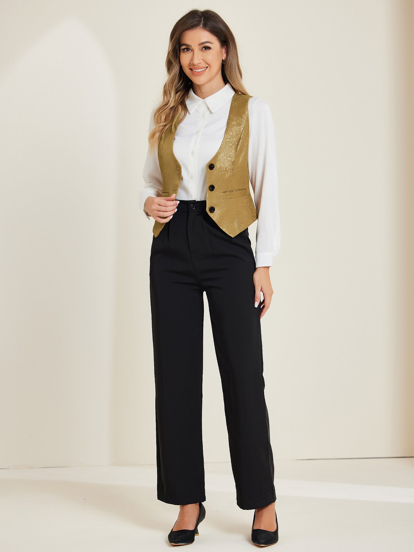 Women's Vintage Button Up Jacquard Steampunk Suit Waistcoat Vest with Pockets (Available in Plus Size)