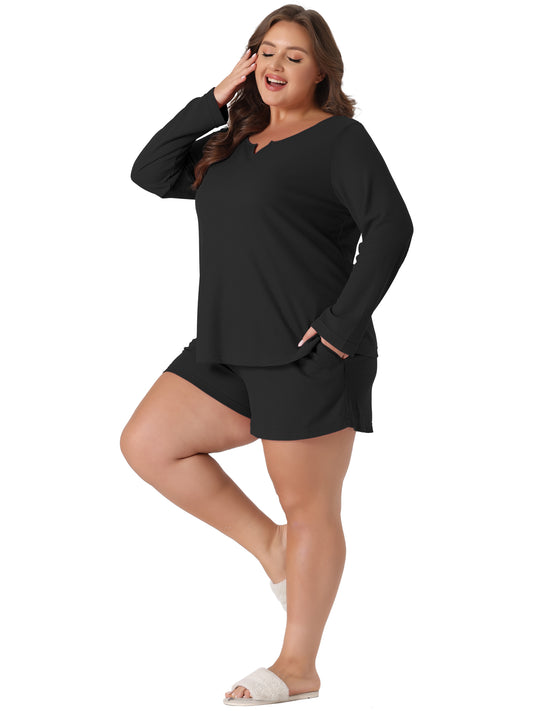 Women Plus Size Loungewear Waffle 2 Piece Long Sleeved Tops and Shorts Pajama Sweatsuits Set