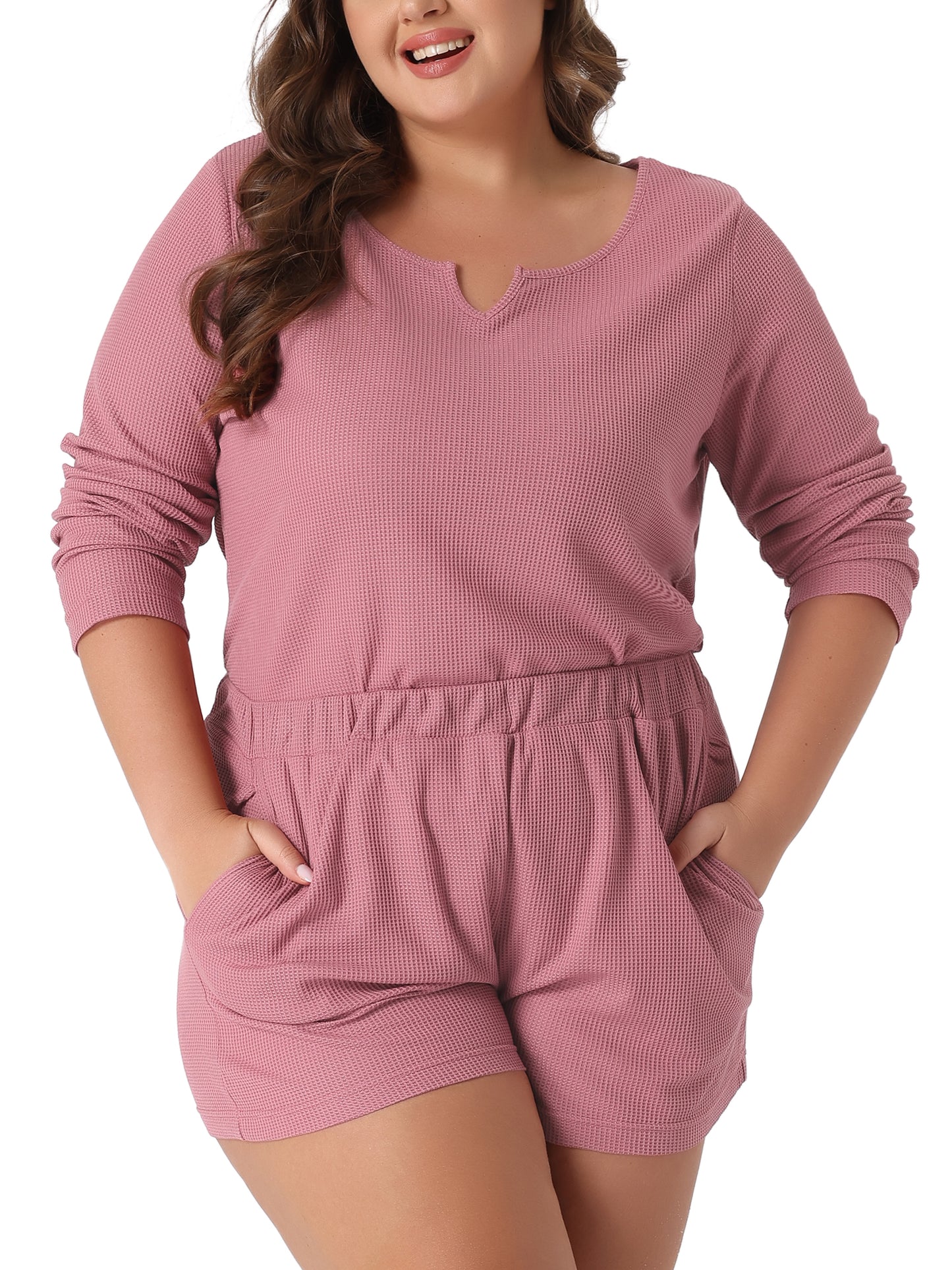 Women Plus Size Loungewear Waffle 2 Piece Long Sleeved Tops and Shorts Pajama Sweatsuits Set