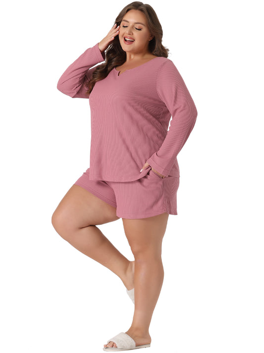 Women Plus Size Loungewear Waffle 2 Piece Long Sleeved Tops and Shorts Pajama Sweatsuits Set