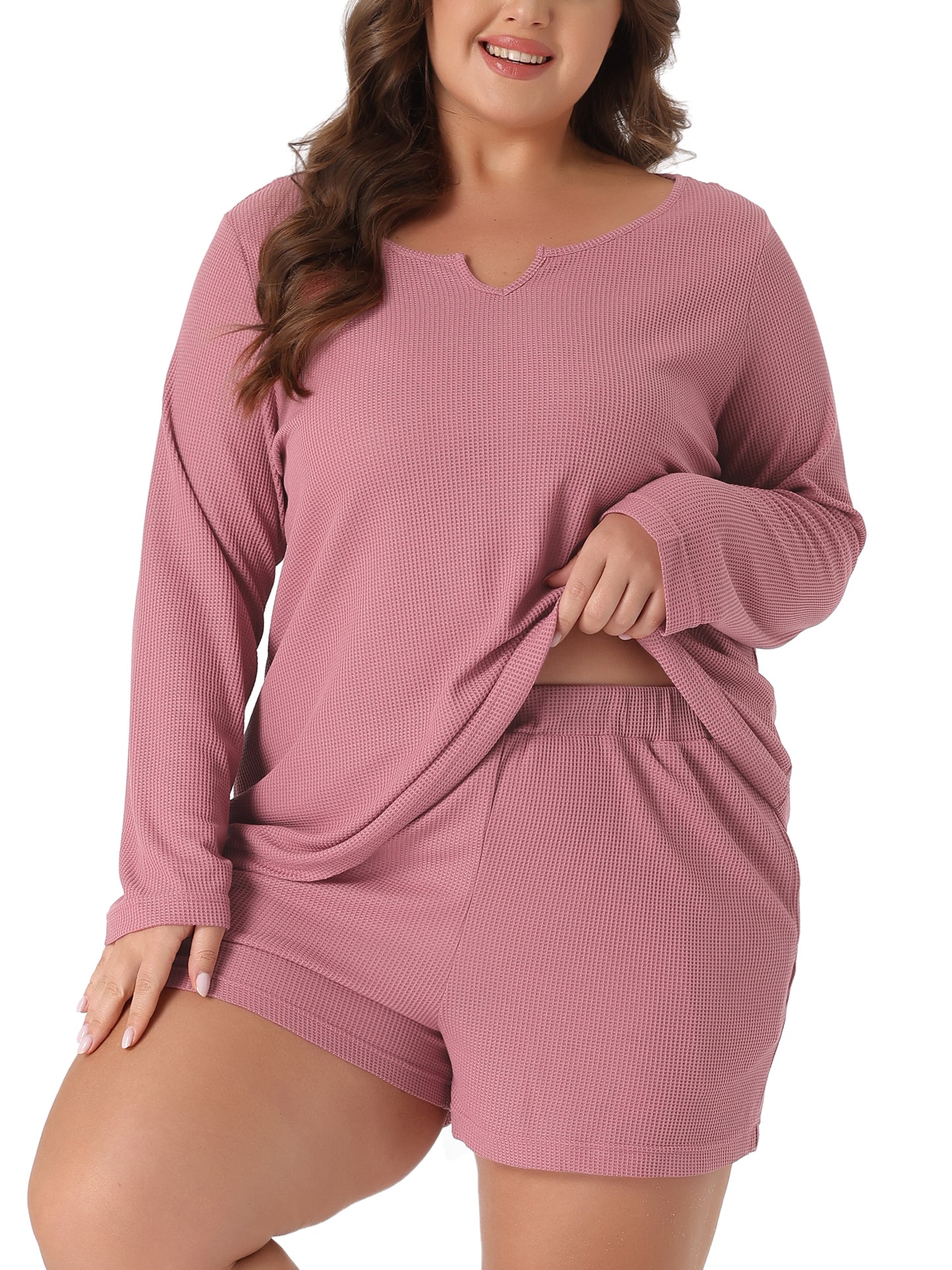 Women Plus Size Loungewear Waffle 2 Piece Long Sleeved Tops and Shorts Pajama Sweatsuits Set