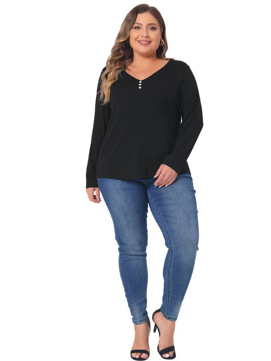 Women Plus Size T-Shirt Casual Tops Button Front Long Sleeve Tee Top