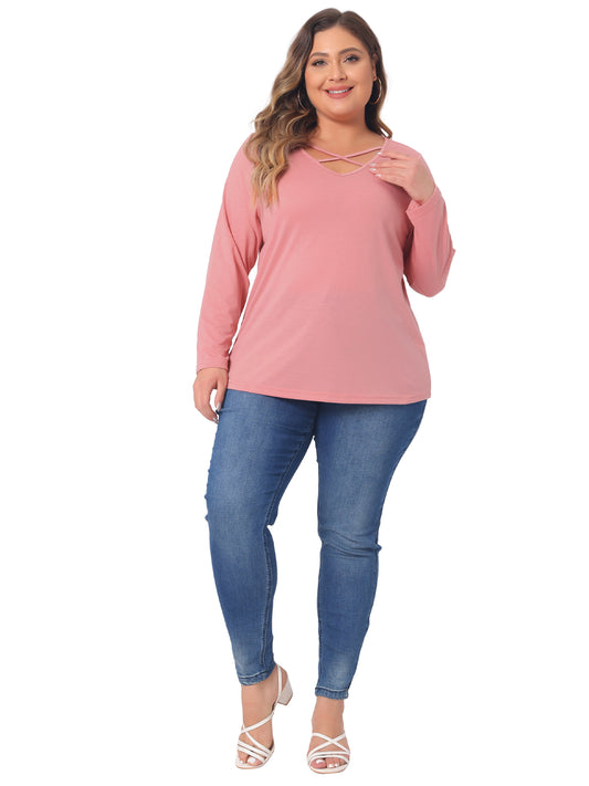 Women Plus Size Top Cross V Neck Casual Long Sleeves T-shirt