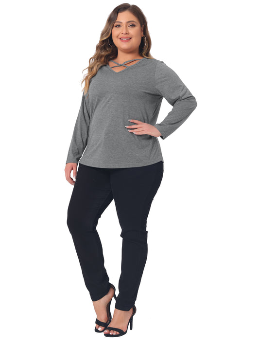 Women Plus Size Top Cross V Neck Casual Long Sleeves T-shirt