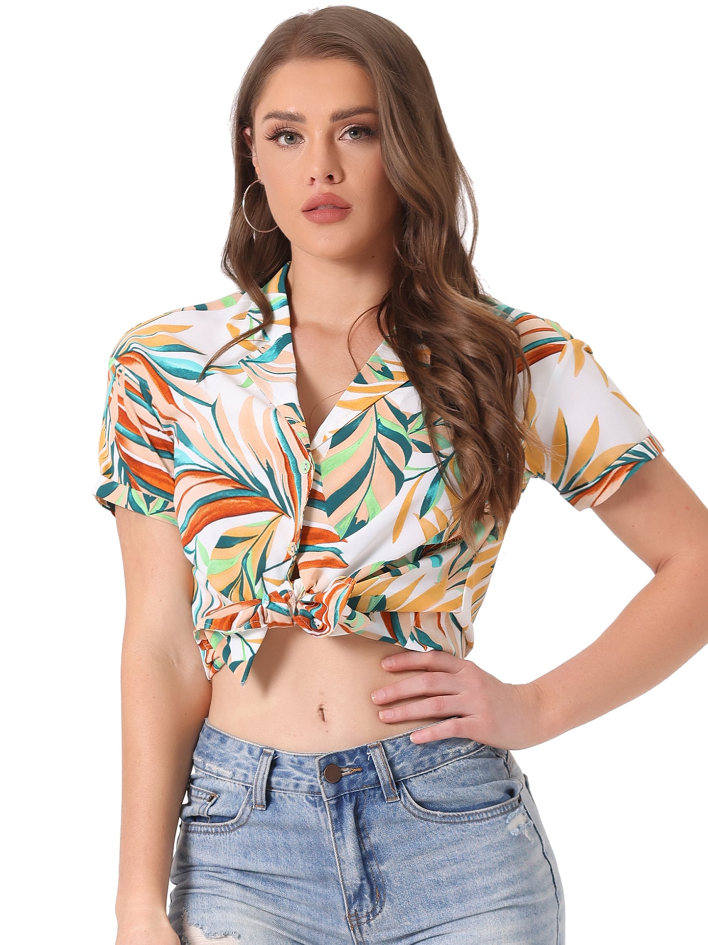 Women's Hawaiian Summer Floral Leaves Printed Short Sleeve Top Tropical Button Down Shirt (Available in Plus Size)