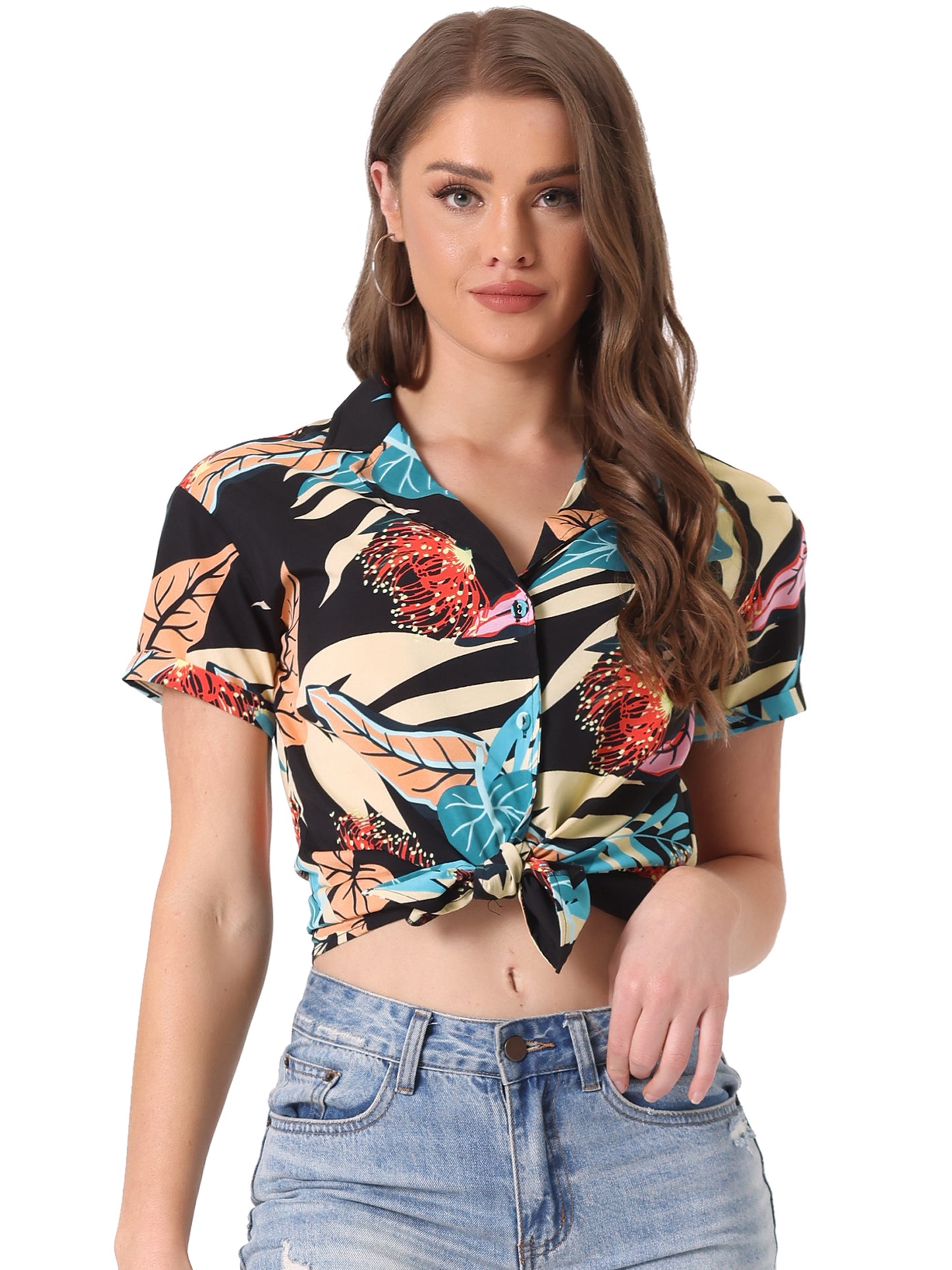 Women's Hawaiian Summer Floral Leaves Printed Short Sleeve Top Tropical Button Down Shirt (Available in Plus Size)