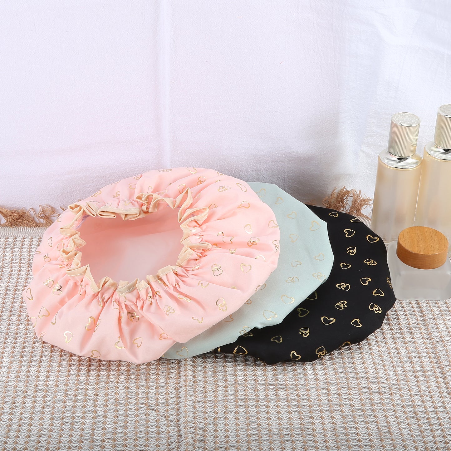 3 Pcs Shower Cap, 2 Layers Heart Shape Bathing Hair Cap