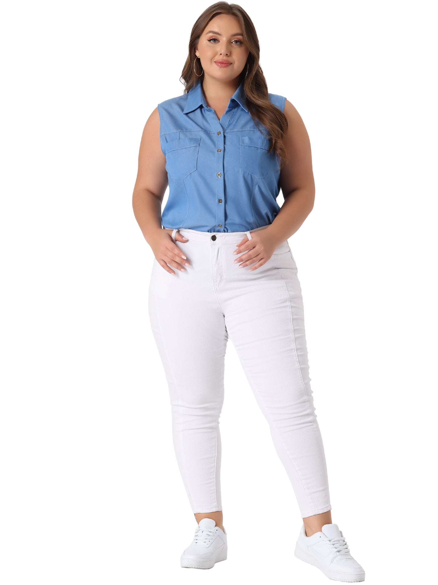 Women Plus Size Chambray Top Sleeveless Button Down Work Summer Shirt