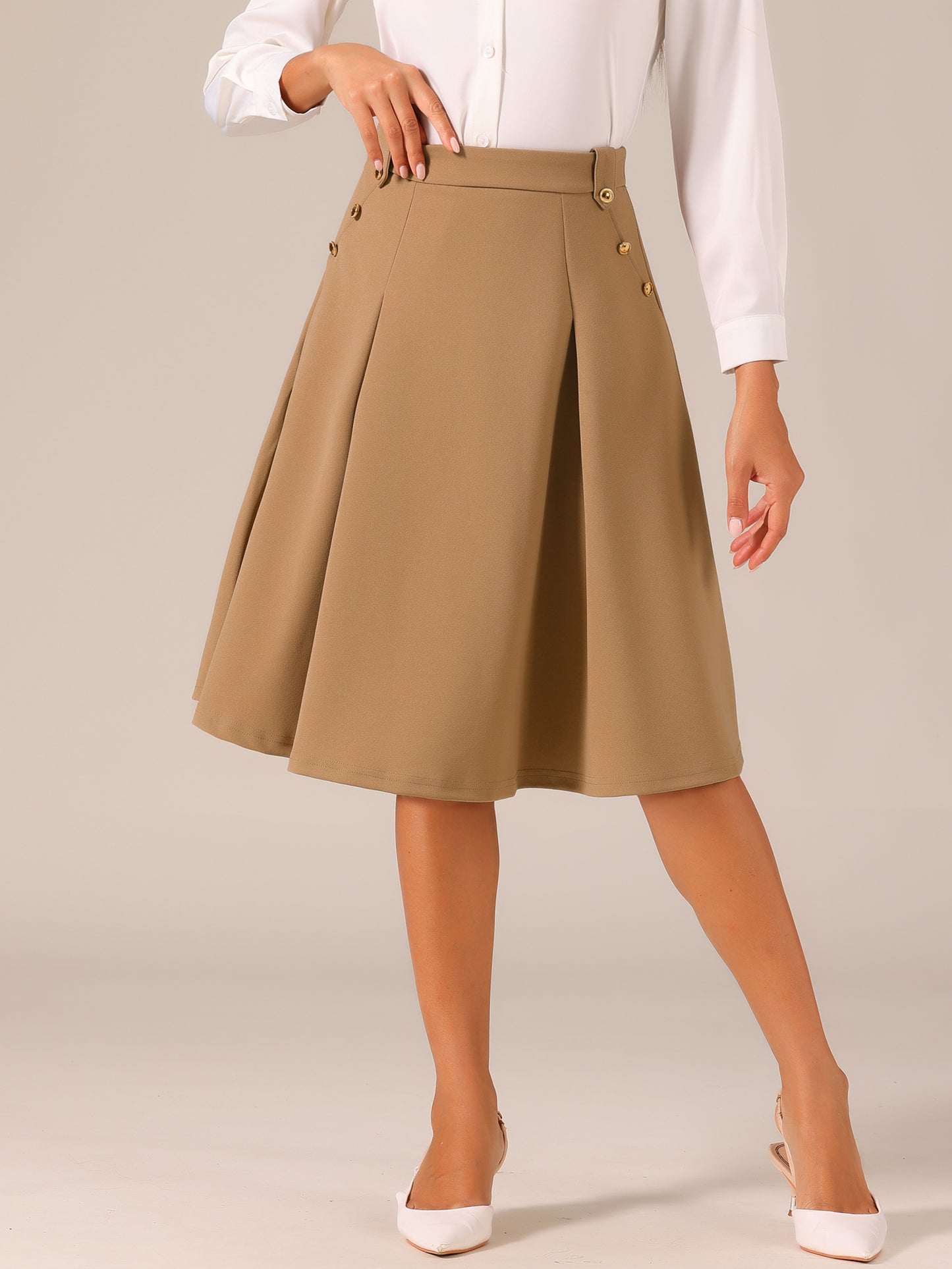 Women's High Waist Work Office Pleated Flared Elegant Midi Skirt