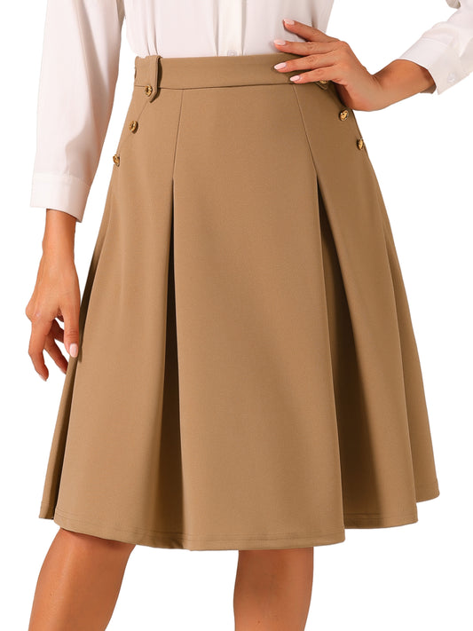 Women's High Waist Work Office Pleated Flared Elegant Midi Skirt