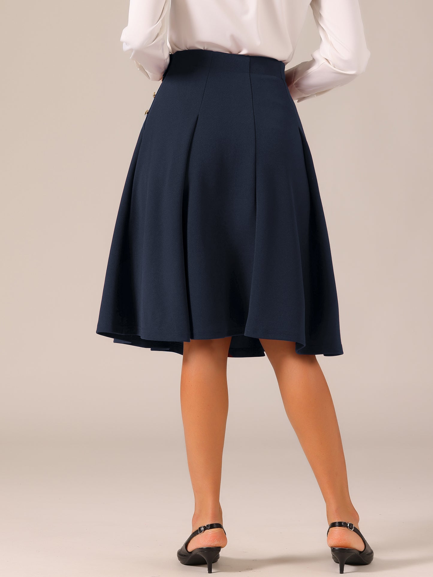 Women's High Waist Work Office Pleated Flared Elegant Midi Skirt