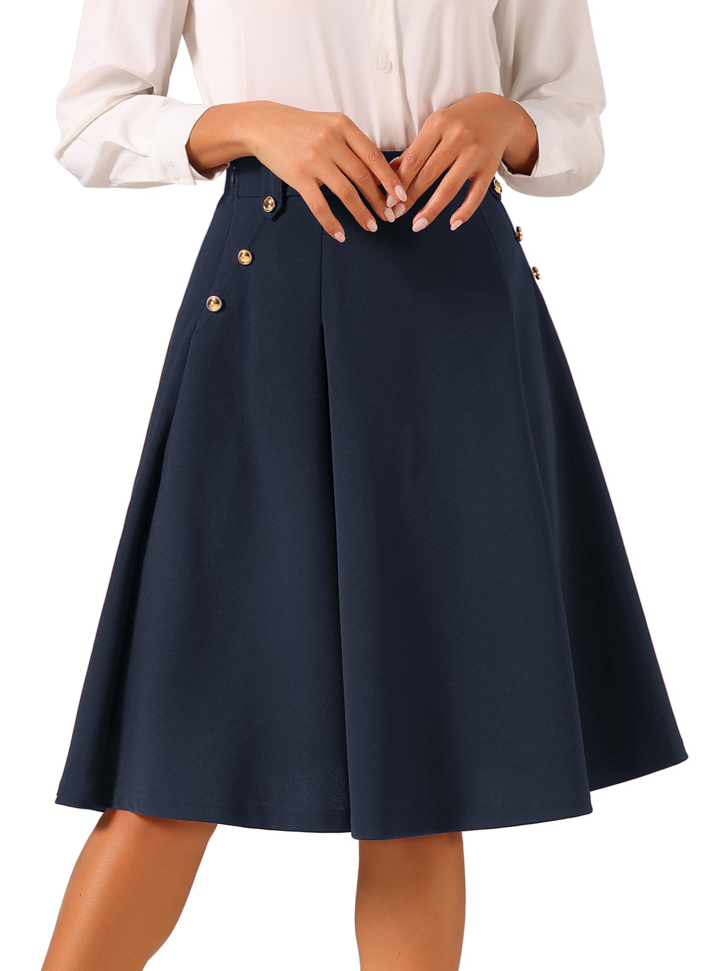Women's High Waist Work Office Pleated Flared Elegant Midi Skirt