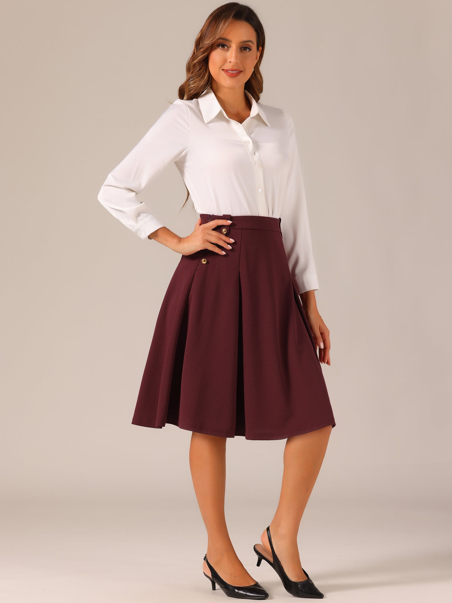 Women's High Waist Work Office Pleated Flared Elegant Midi Skirt