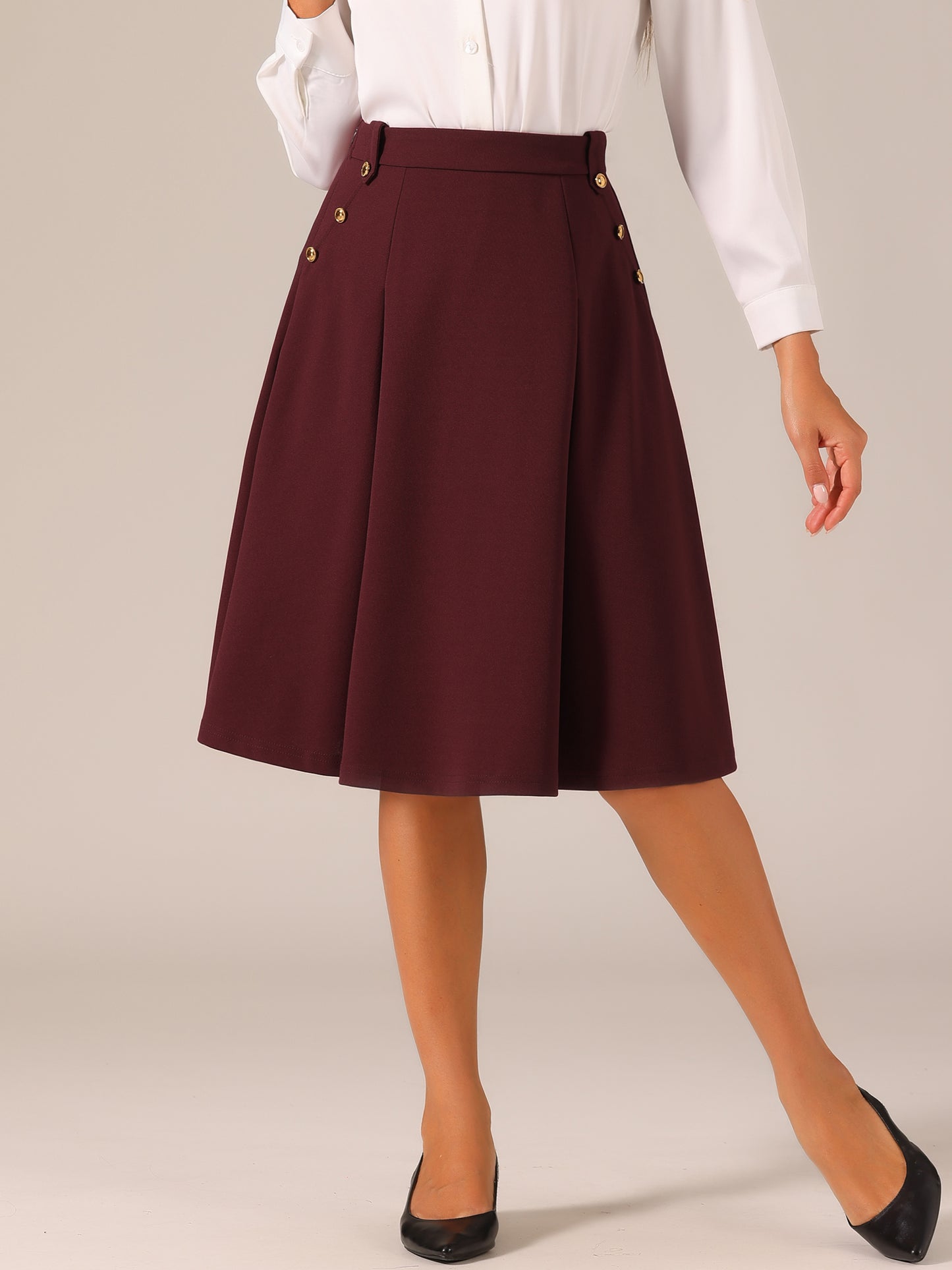 Women's High Waist Work Office Pleated Flared Elegant Midi Skirt