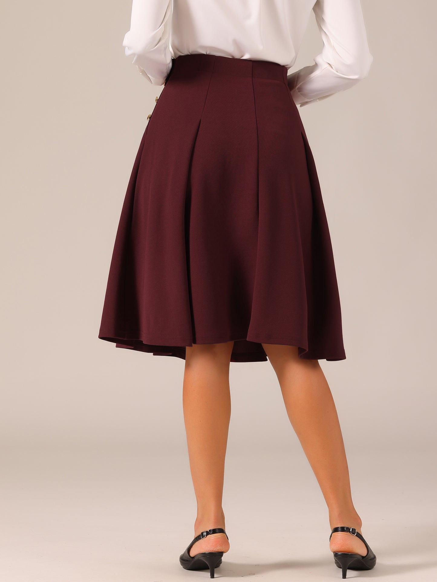 Women's High Waist Work Office Pleated Flared Elegant Midi Skirt