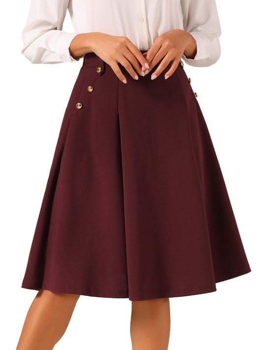 Women's High Waist Work Office Pleated Flared Elegant Midi Skirt