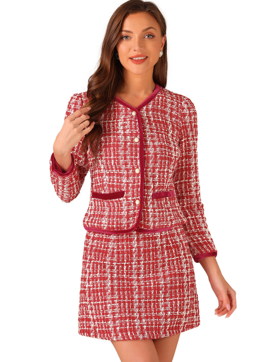 Women's 2 Piece Plaid Tweed Short Blazer Jacket and Skirt Business Suit Set