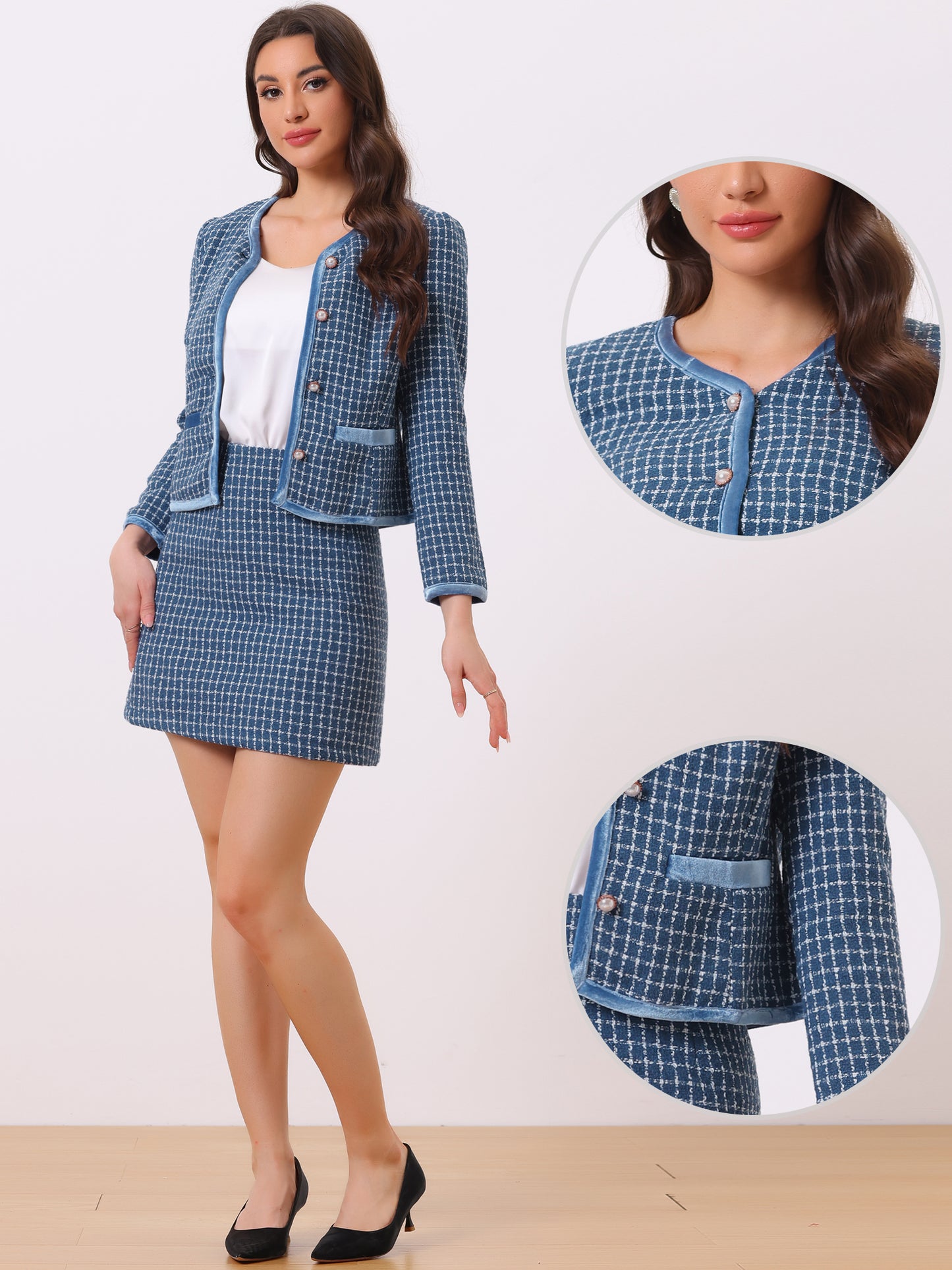 Women's 2 Piece Plaid Tweed Short Blazer Jacket and Skirt Business Suit Set