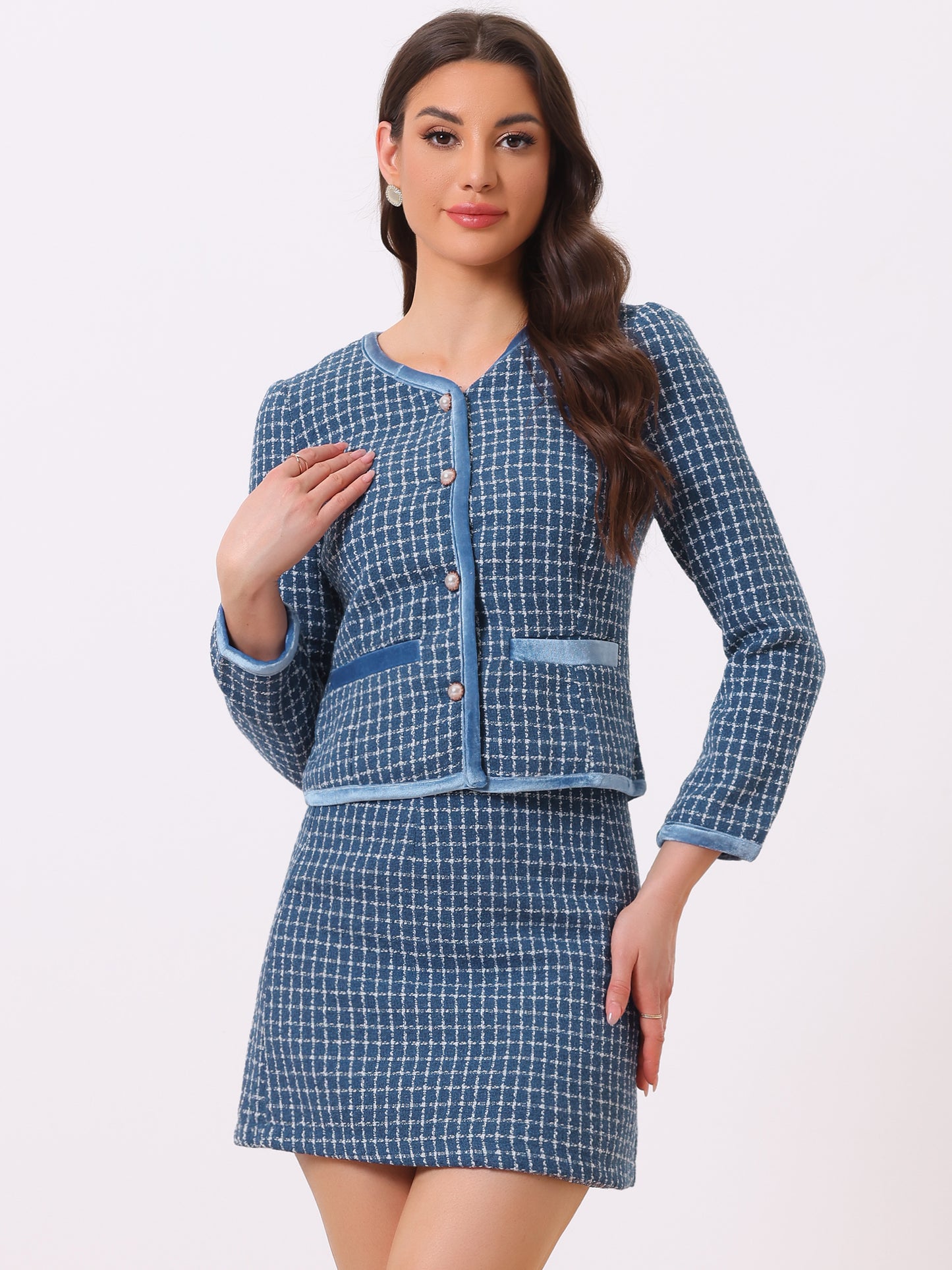 Women's 2 Piece Plaid Tweed Short Blazer Jacket and Skirt Business Suit Set