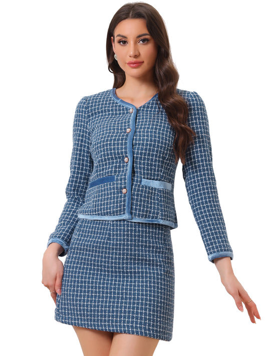 Women's 2 Piece Plaid Tweed Short Blazer Jacket and Skirt Business Suit Set