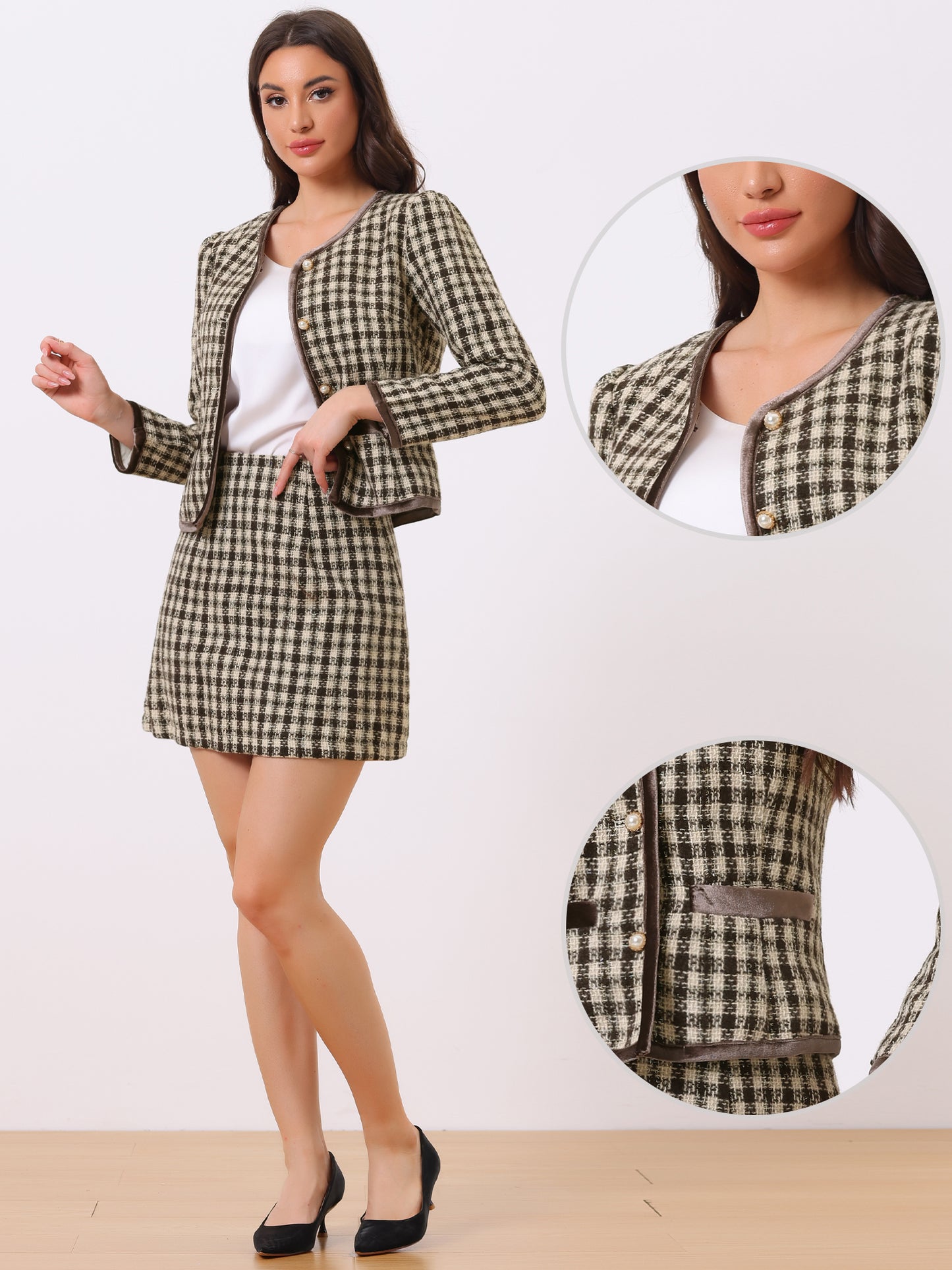 Women's 2 Piece Plaid Tweed Short Blazer Jacket and Skirt Business Suit Set