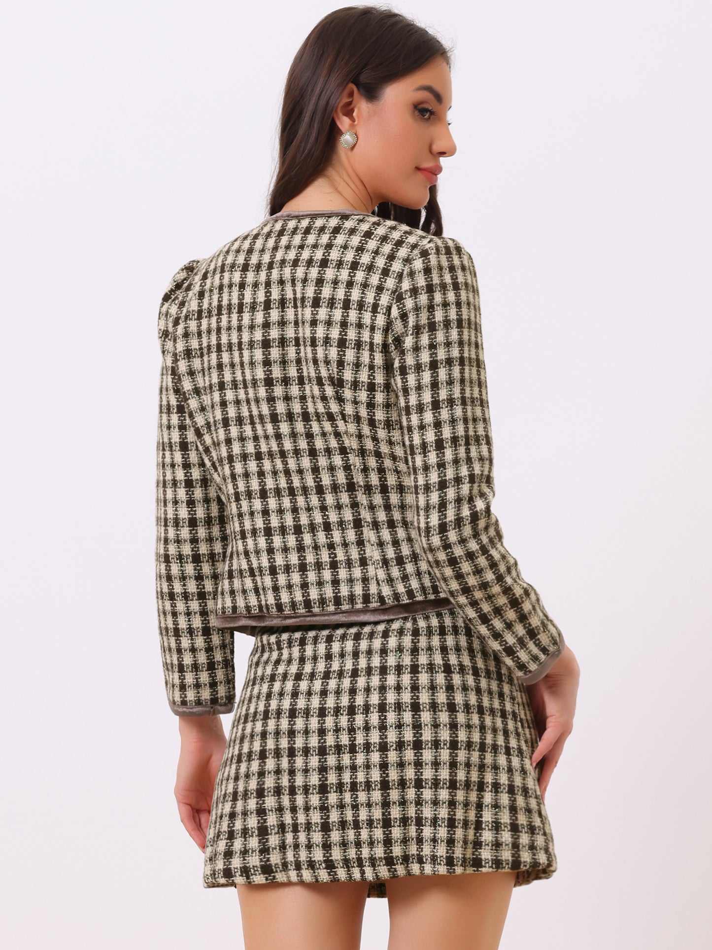 Women's 2 Piece Plaid Tweed Short Blazer Jacket and Skirt Business Suit Set